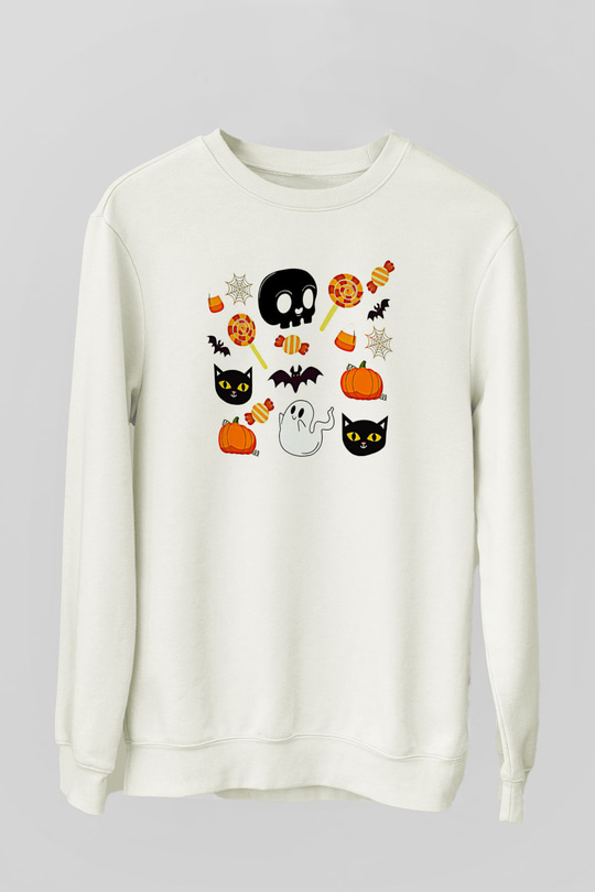 Halloween Baskılı Beyaz Unisex Sweatshirt