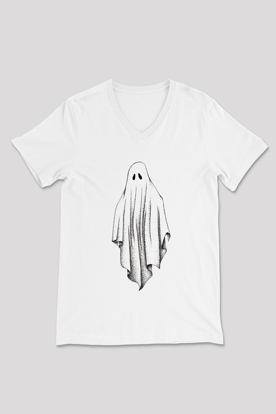 Halloween Baskılı Beyaz Unisex V Yaka Tişört - Tshirt
