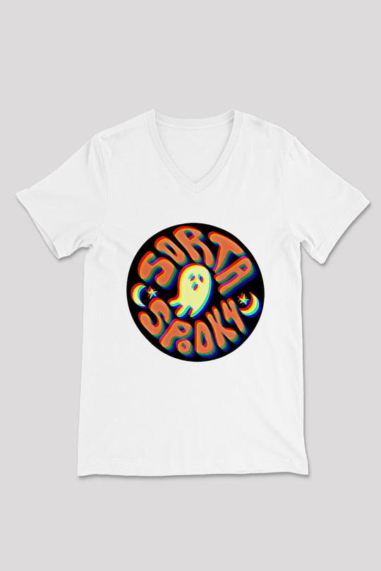Halloween Baskılı Beyaz Unisex V Yaka Tişört - Tshirt