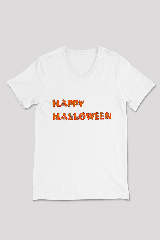 Halloween Baskılı Beyaz Unisex V Yaka Tişört - Tshirt