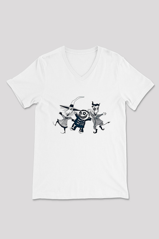 Halloween Baskılı Beyaz Unisex V Yaka Tişört - Tshirt