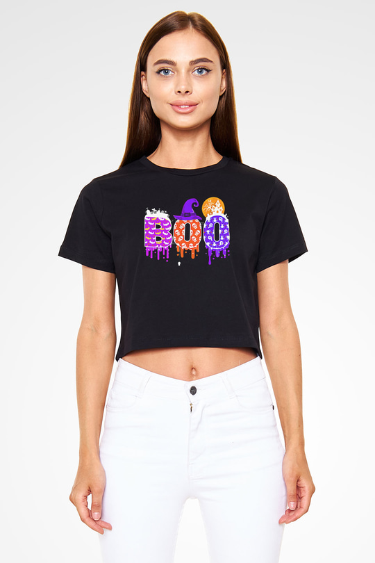 Halloween Baskılı Siyah Crop Top Kadın Tişört - Tshirt
