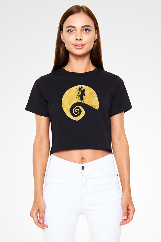 Halloween Baskılı Siyah Crop Top Kadın Tişört - Tshirt