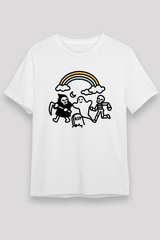 Halloween Baskılı Unisex Beyaz Tişört - Tshirt