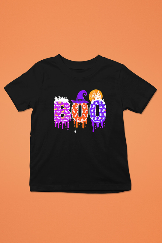 Halloween Baskılı Unisex Siyah Çocuk Tişört - Tshirt