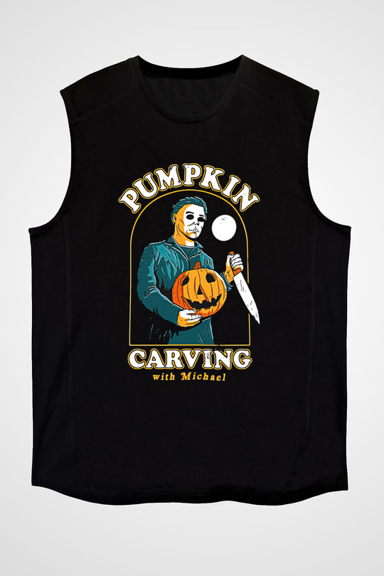 Halloween Baskılı Unisex Siyah Kolsuz Tişört - Tshirt