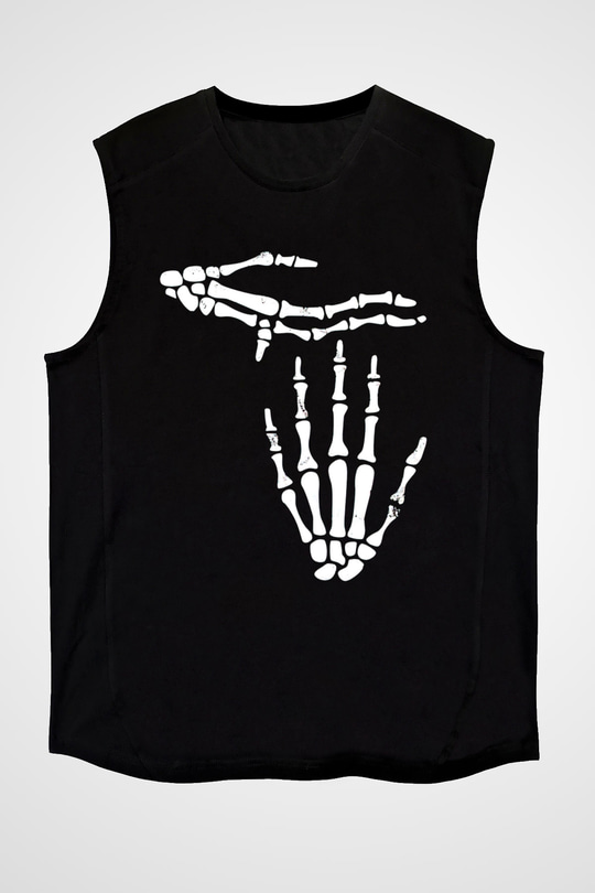 Halloween Baskılı Unisex Siyah Kolsuz Tişört - Tshirt