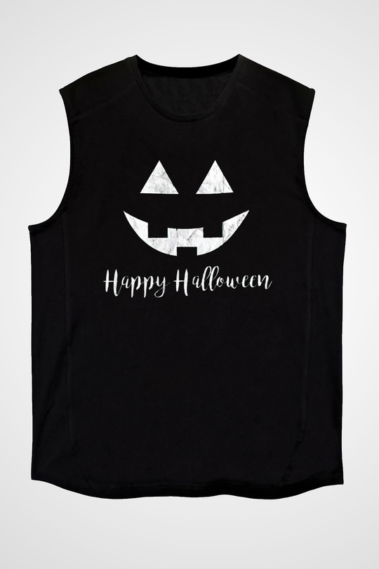 Halloween Baskılı Unisex Siyah Kolsuz Tişört - Tshirt