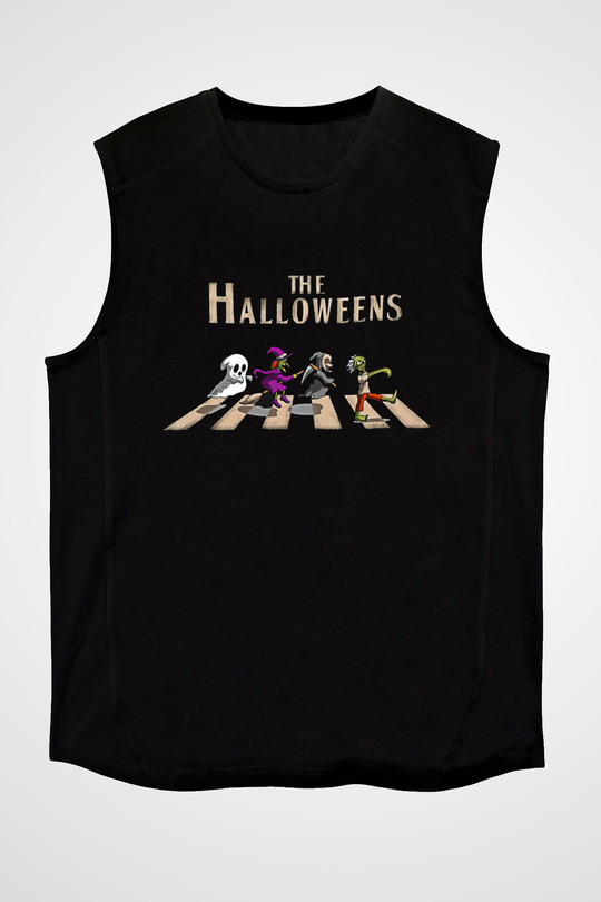 Halloween Baskılı Unisex Siyah Kolsuz Tişört - Tshirt