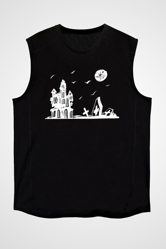 Halloween Baskılı Unisex Siyah Kolsuz Tişört - Tshirt