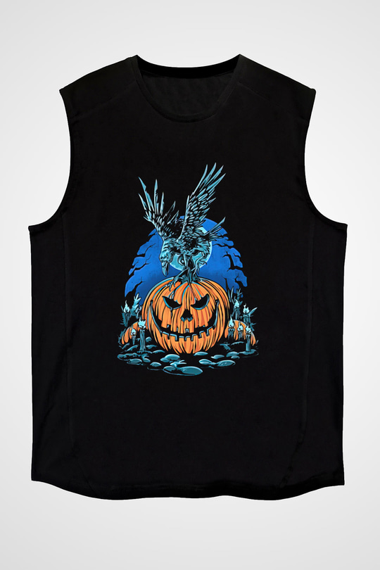 Halloween Baskılı Unisex Siyah Kolsuz Tişört - Tshirt