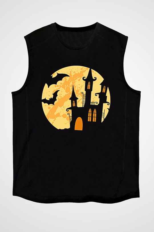Halloween Baskılı Unisex Siyah Kolsuz Tişört - Tshirt