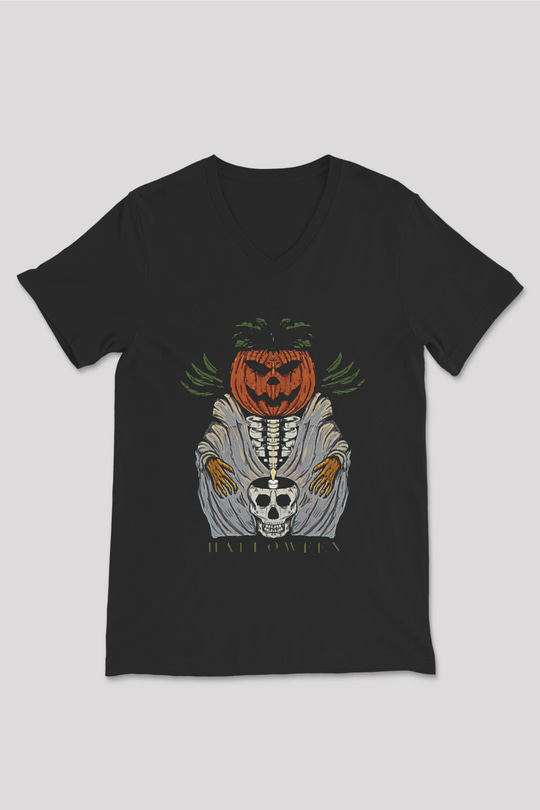 Halloween Baskılı Unisex Siyah V Yaka Tişört - Tshirt