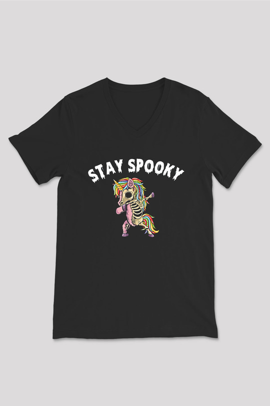 Halloween Baskılı Unisex Siyah V Yaka Tişört - Tshirt