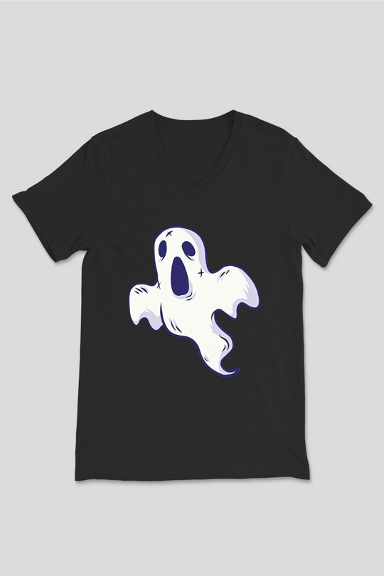 Halloween Baskılı Unisex Siyah V Yaka Tişört - Tshirt