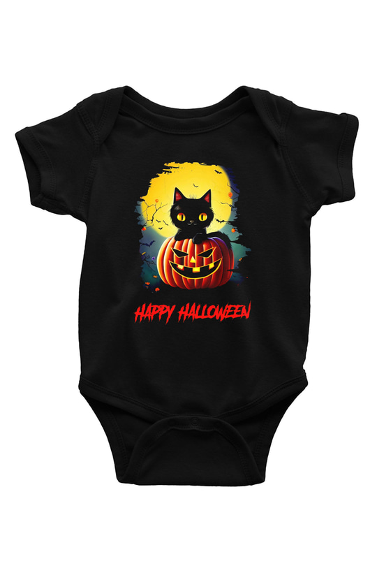 Halloween Kedicik BaskılıSiyah  Bebek Body - Zıbın