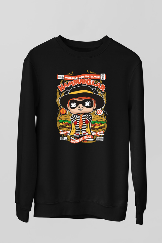 Hamburglar Baskılı Unisex Siyah Sweatshirt