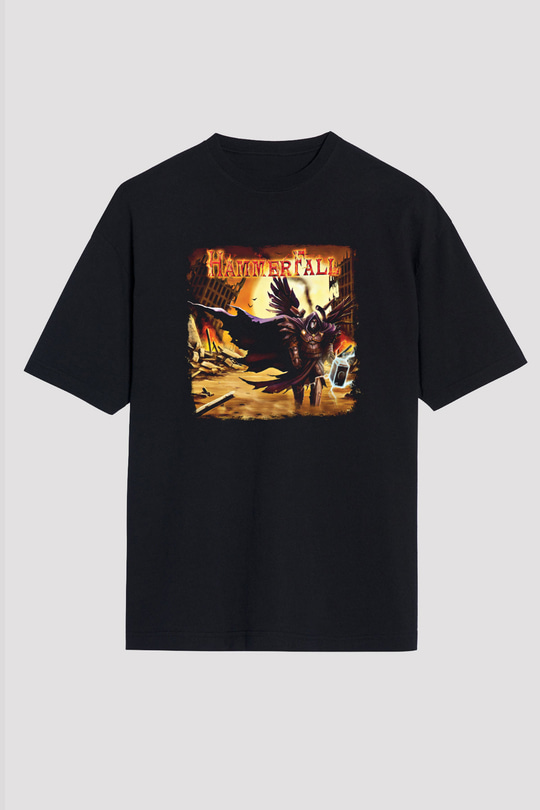 HammerFall Baskılı Unisex Siyah Oversize Tişört