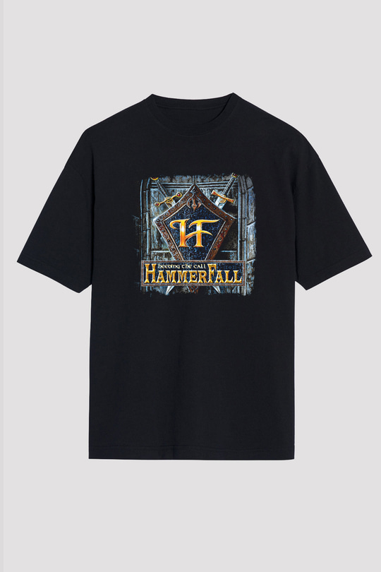 HammerFall Baskılı Unisex Siyah Oversize Tişört