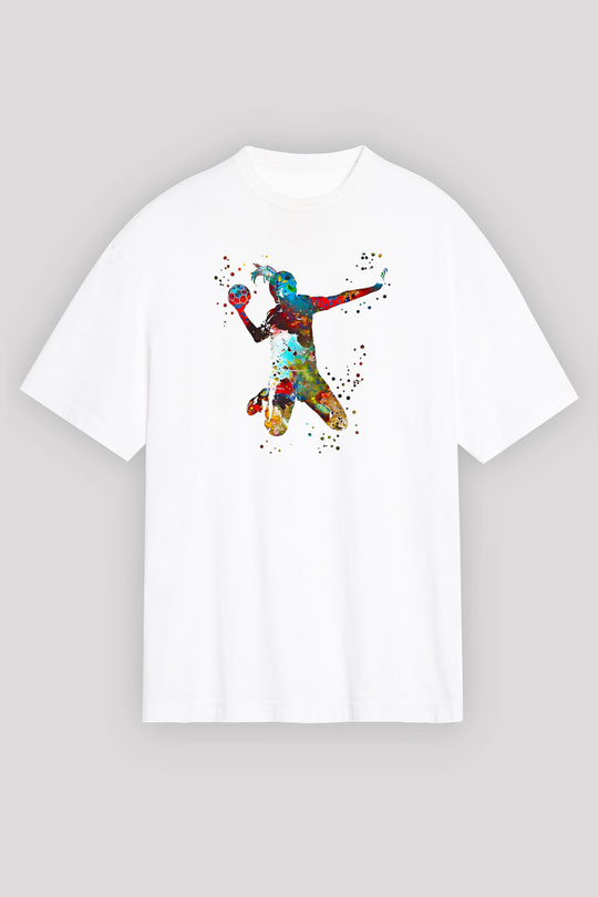 Handball Baskılı Unisex Beyaz Oversize Tişört - Tshirt