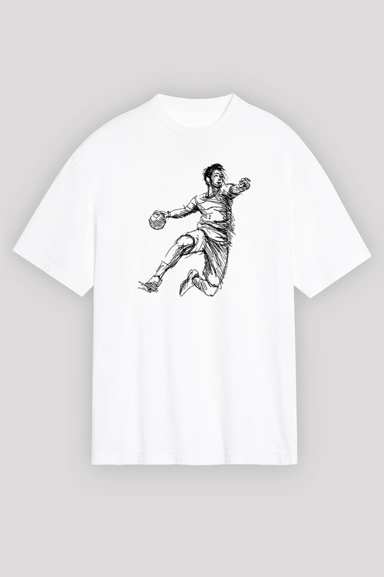 Handball Baskılı Unisex Beyaz Oversize Tişört - Tshirt