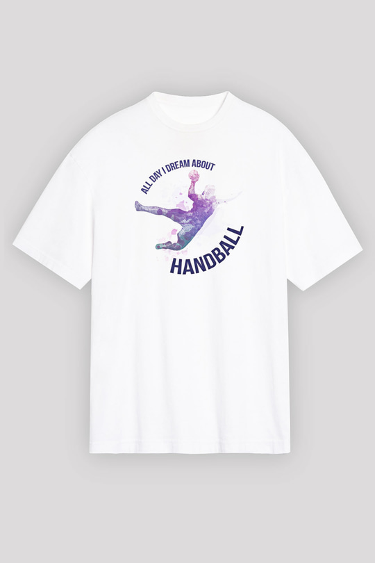 Handball Baskılı Unisex Beyaz Oversize Tişört - Tshirt