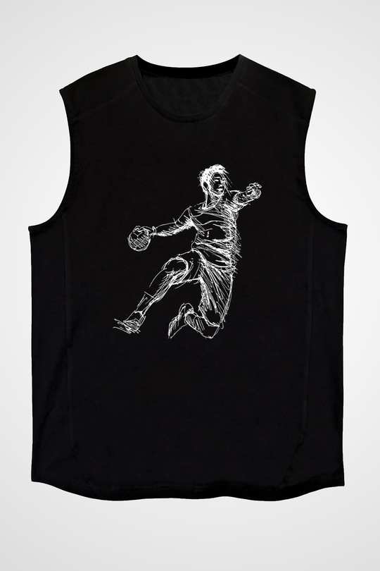 Handball Baskılı Unisex Siyah Kolsuz Tişört