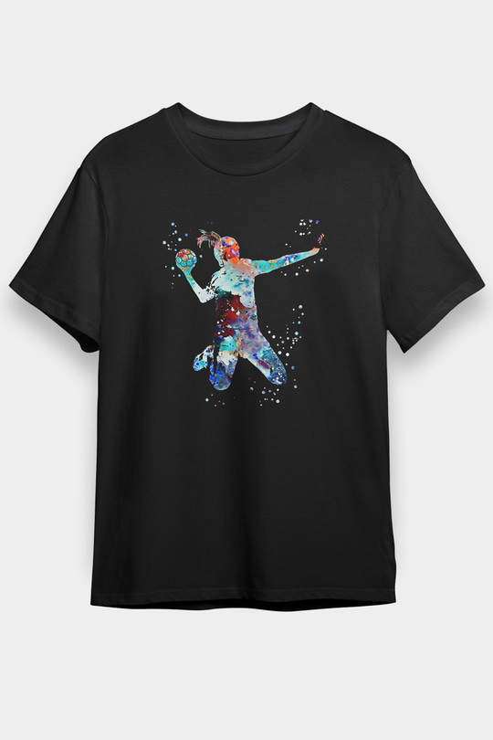 Handball Baskılı Unisex Siyah Tişört - Tshirt