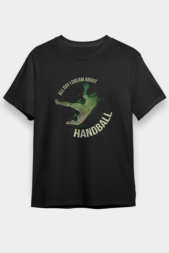 Handball Baskılı Unisex Siyah Tişört - Tshirt