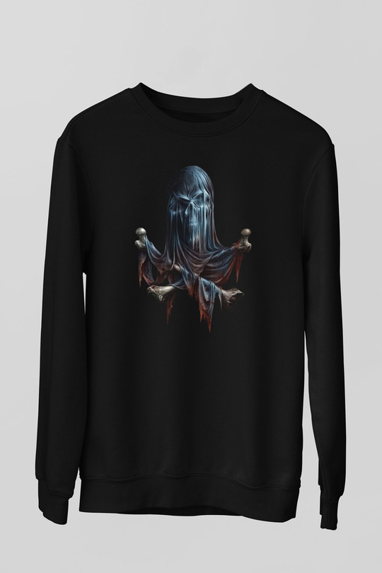 Hayalet Kurukafa Baskılı Siyah  Sweatshirt