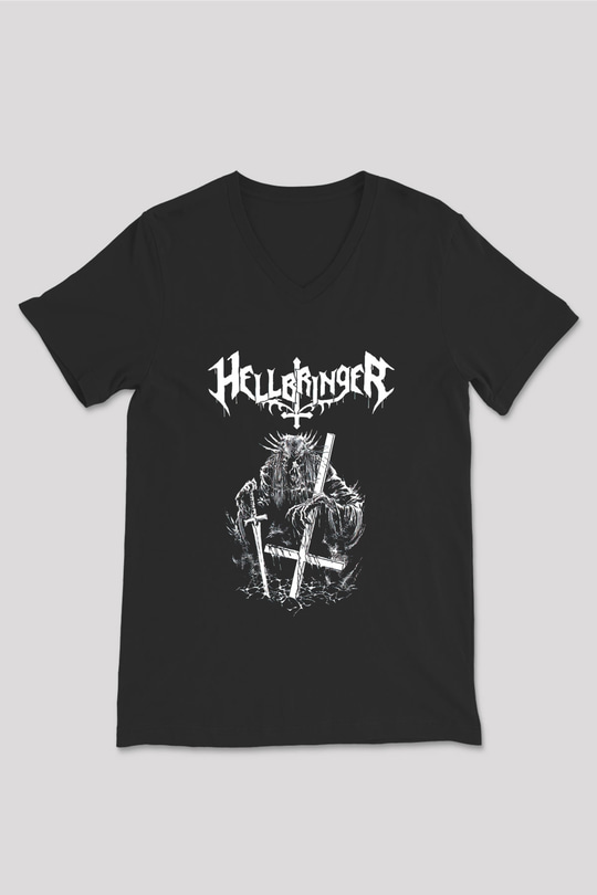 Hellbringer Baskılı Unisex Siyah V Yaka Tişört - Tshirt