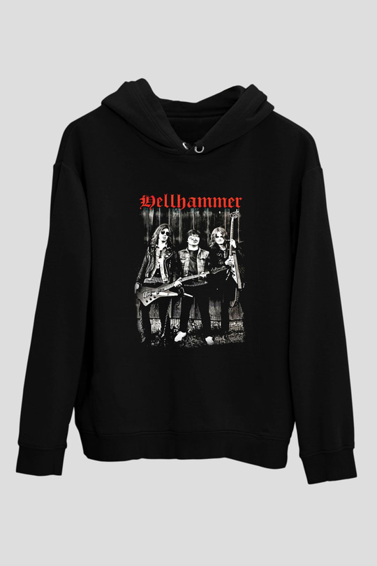 Hellhammer Baskılı Unisex Siyah Hoodie