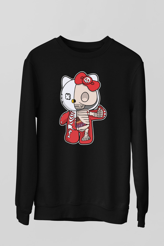 Hello Kity Half Skeleton Baskılı Unisex Siyah Sweatshirt