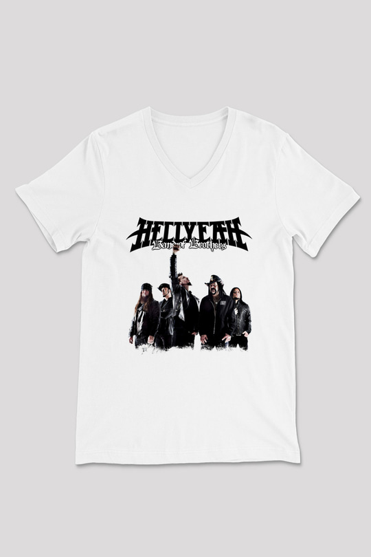 Hellyeah Baskılı Unisex Beyaz V Yaka Tişört