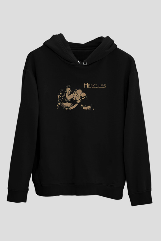 Herkül Baskılı Unisex Siyah Hoodie