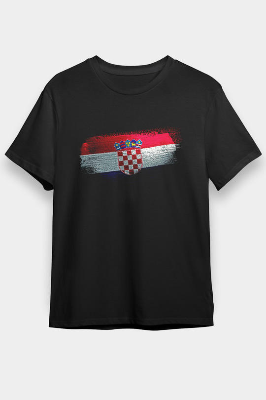 Hırvatistan - Croatia Bayrağı Baskılı Unisex Siyah Tişört