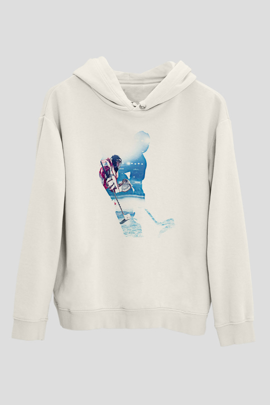 Hokey Baskılı Unisex Ekru Hoodie