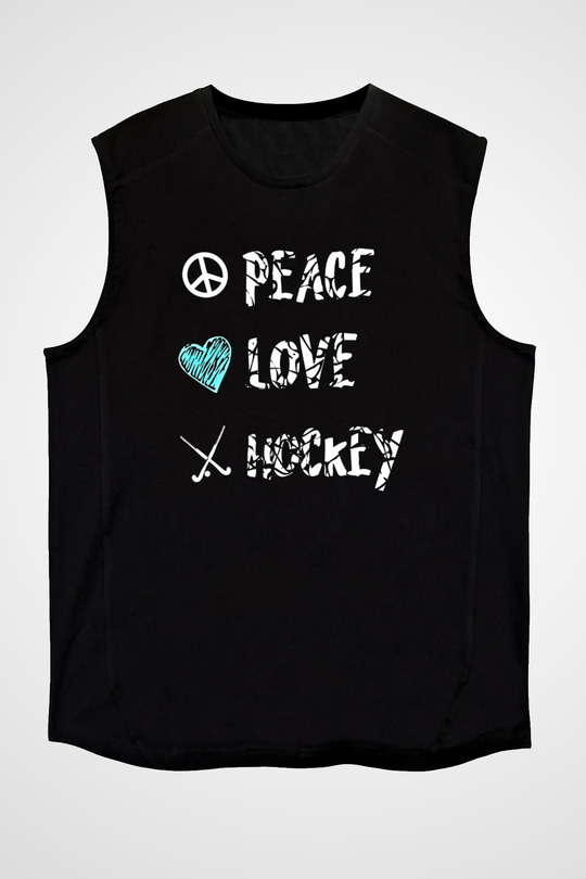 Hokey Baskılı Unisex Siyah Kolsuz Tişört