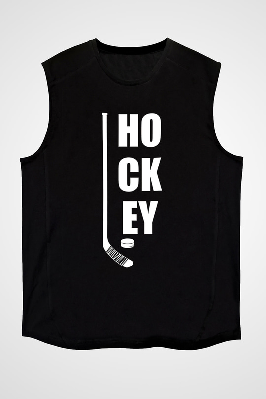 Hokey Baskılı Unisex Siyah Kolsuz Tişört