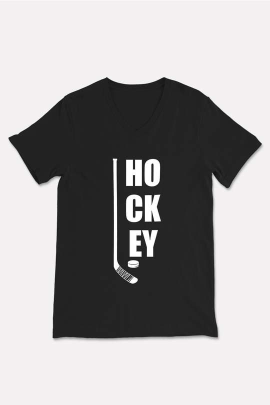 Hokey Baskılı Unisex Siyah V Yaka Tişört