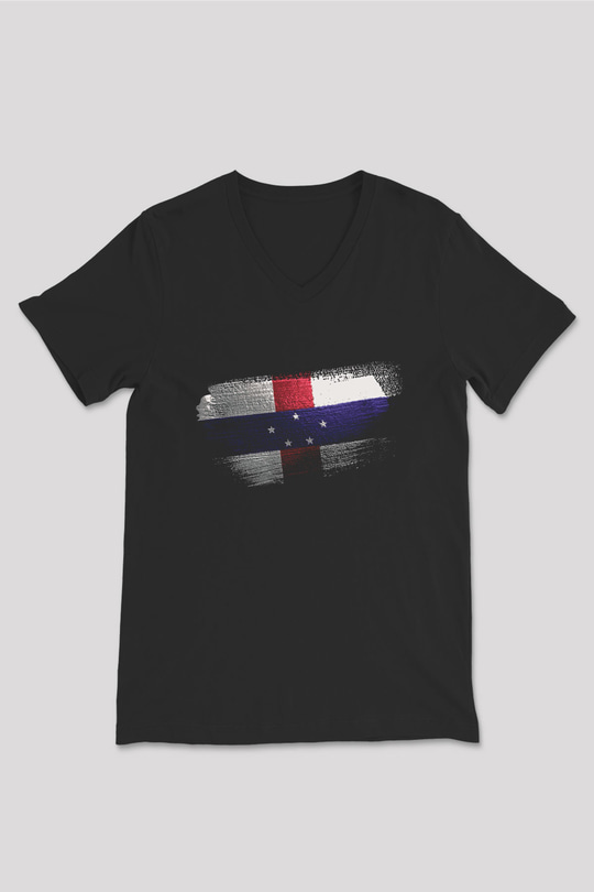 Hollanda Antilleri - Netherlands Antilles Bayrağı Baskılı Unisex Siyah V Yaka Tişört