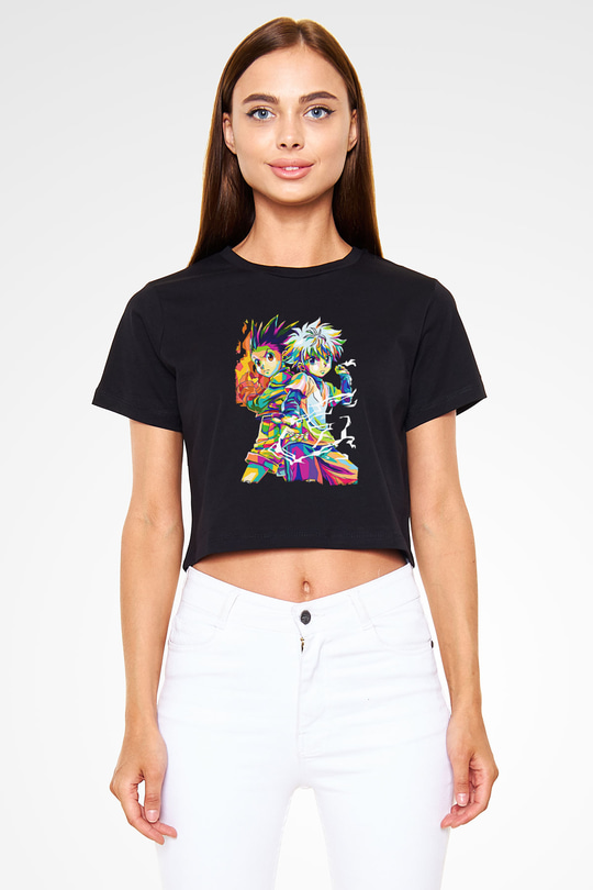 Hunter X Hunter Baskılı Siyah Crop Top Kadın Tişört - Tshirt