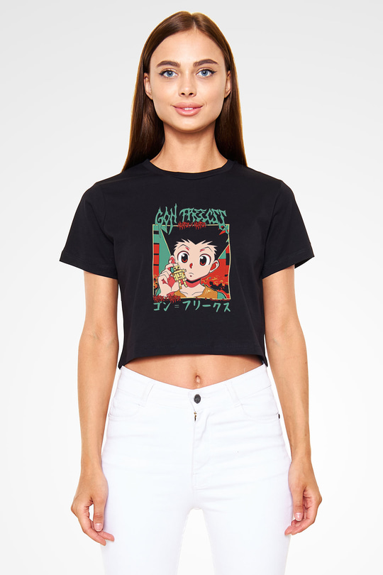 Hunter X Hunter Baskılı Siyah Crop Top Kadın Tişört - Tshirt