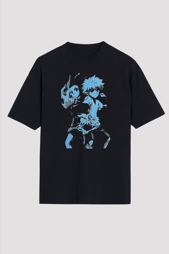 Hunter X Hunter Baskılı Unisex Siyah Oversize Tişört - Tshirt