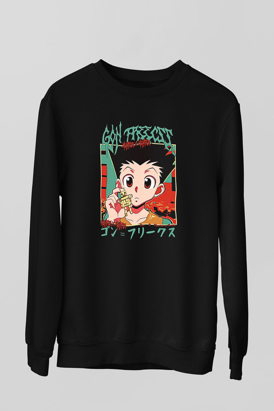 Hunter X Hunter Baskılı Unisex Siyah Sweatshirt