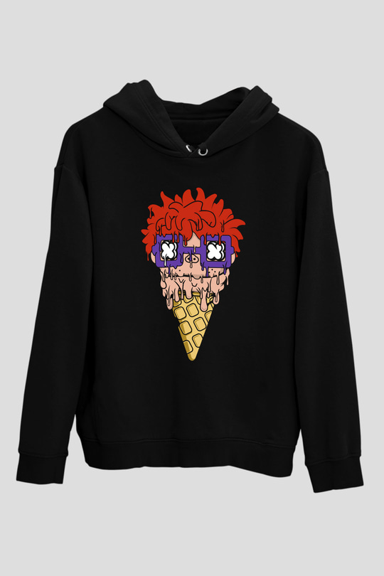 Ice Cream Rugrat Baskılı Unisex Siyah Hoodie