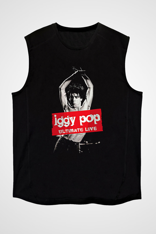 Iggy Pop Baskılı Unisex Siyah Kolsuz Tişört - Tshirt