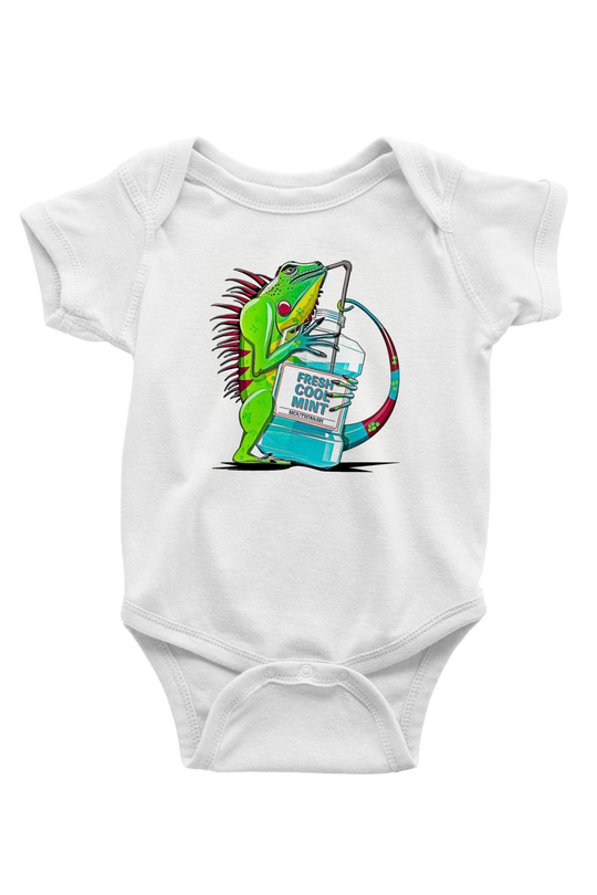 İguana Baskılı Beyaz Unisex Bebek Body - Zıbın