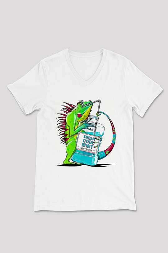 İguana Baskılı Beyaz Unisex V Yaka Tişört - Tshirt