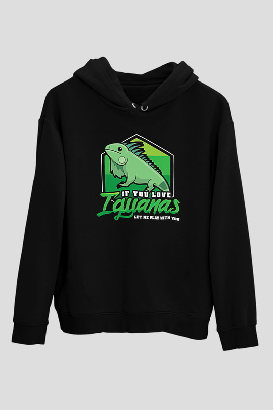 İguana Baskılı Unisex Siyah Hoodie
